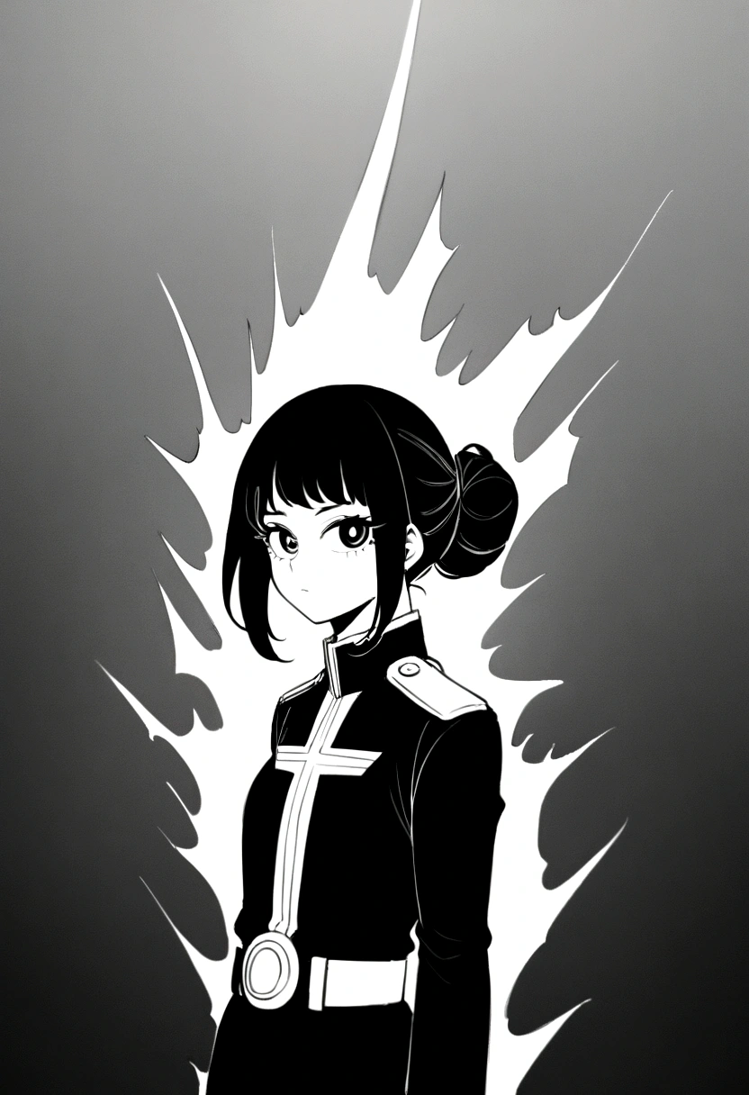 a age girl, medium light skin tone, long dark brown hair that is a little wavy at the ends, with a half messy bun with hair coming out of it. Dark brown almond-shaped eyes and a slightly round face. my hero academia anime style. whole body (from head to feet) with uniform from said anime. Sassy aura, reckless vibe (monochrome background)