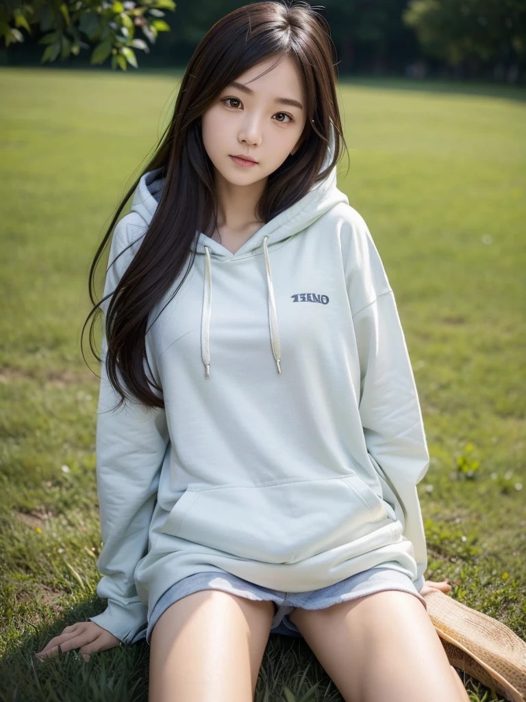hoodie、Casual clothing、(Highest quality)、((Very detailed))、4K、(8K)、masterpiece、Very detailedな、Highest quality、Super Resolution、1 person、Kind Face、Soft Light、RAW quality、Soft Skin、163cm、30 years old、knees、grass
