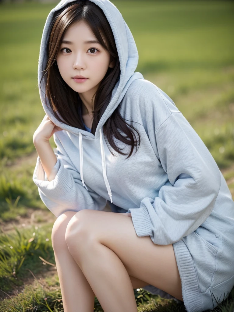 hoodie、Casual clothing、(Highest quality)、((Very detailed))、4K、(8K)、masterpiece、Very detailedな、Highest quality、Super Resolution、1 person、Kind Face、Soft Light、RAW quality、Soft Skin、163cm、30 years old、knees、grass