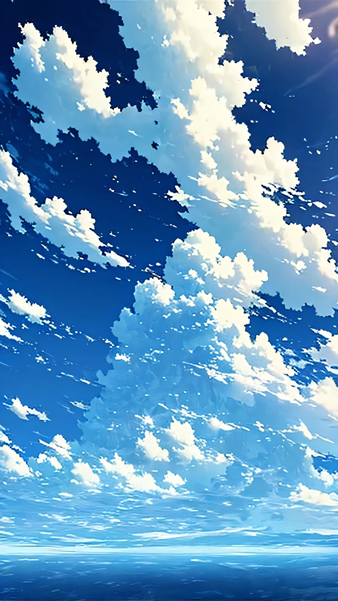 A single figure floats serenely in a vast, vivid blue sky filled with enormous, highly detailed cumulus clouds. The scene captures an ethereal moment, with the individual seemingly suspended in mid-air, surrounded by layers of fluffy white and blue clouds that create a sense of depth and movement. Sunlight filters through the clouds, casting gentle shadows and illuminating the various shades of blue and white, adding a dreamlike quality to the image. The overall atmosphere conveys a sense of tranquility, freedom, and wonder, as if the person is drifting through a boundless, heavenly expanse.