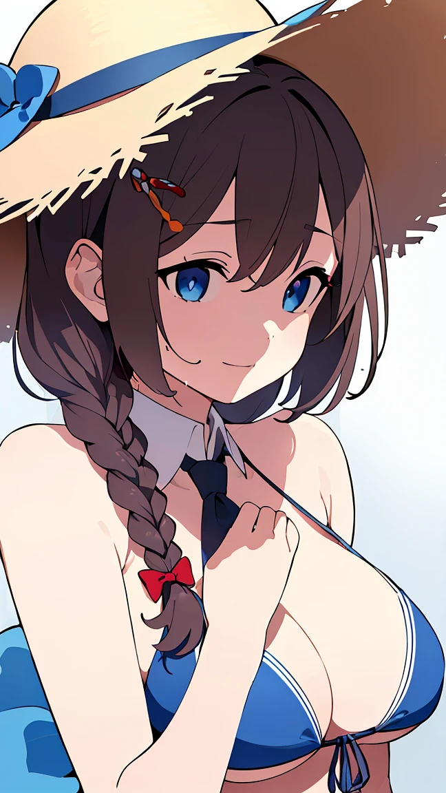 (masterpiece), (best quality), (ultra-detailed), photorealistic, (best illustration), (an extremely delicate and beautiful), 1girl, solo, detailed scenery, simple_background, kcshigurek3su, cowboy shot, leaning forward, finely detailed iris, detailed eyes, side-tie bikini bottom, hair ornament, hair flaps, single braid, brown hair, straw hat, hat flower, front-tie bikini top, black necktie, collared shirt, see-through, blue bow, light smile, short sleeves,
Very Fine Eyes Very Fine Face、Insanely detailed body、Extremely fine skin, very elaborate hair ornament, Precisely shaped body and hands Wet Transparent Shirt((Composition with one arm raised to show the underarm.)) expose one's weakness  arm up  (perfect hands, perfect anatomy),