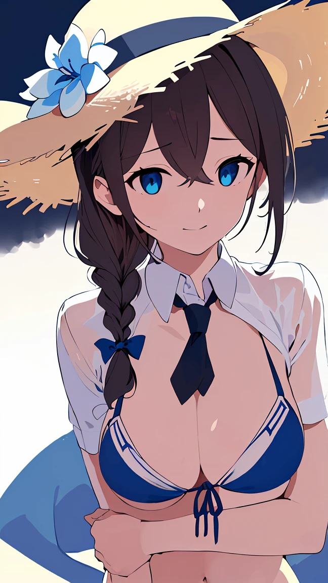 (masterpiece), (best quality), (ultra-detailed), photorealistic, (best illustration), (an extremely delicate and beautiful), 1girl, solo, detailed scenery, simple_background, kcshigurek3su, cowboy shot, leaning forward, finely detailed iris, detailed eyes, side-tie bikini bottom, hair ornament, hair flaps, single braid, brown hair, straw hat, hat flower, front-tie bikini top, black necktie, collared shirt, see-through, blue bow, light smile, short sleeves,
Very Fine Eyes Very Fine Face、Insanely detailed body、Extremely fine skin, very elaborate hair ornament, Precisely shaped body and hands Wet Transparent Shirt((Composition with one arm raised to show the underarm.)) expose one's weakness  arm up  (perfect hands, perfect anatomy),