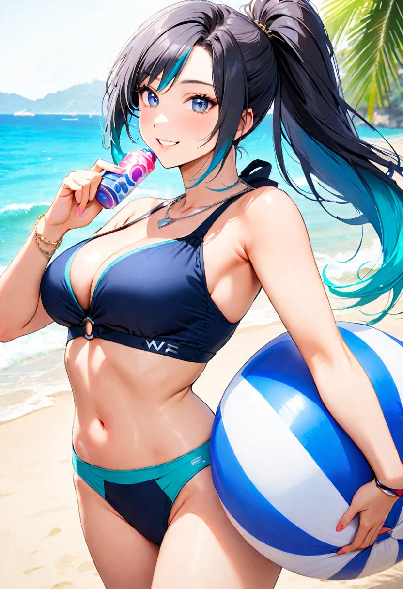 A woman, 21-years-old, solo, Caucasian, black hair, cyan hair, gradient hair, multicolored hair, ponytail, two-tone hair, blue eyes, cheerful smile, mature face, dark blue bikini top, dark blue bikini bottom, midriff, holding a beachball, beach, thin silver necklace, white bracelet