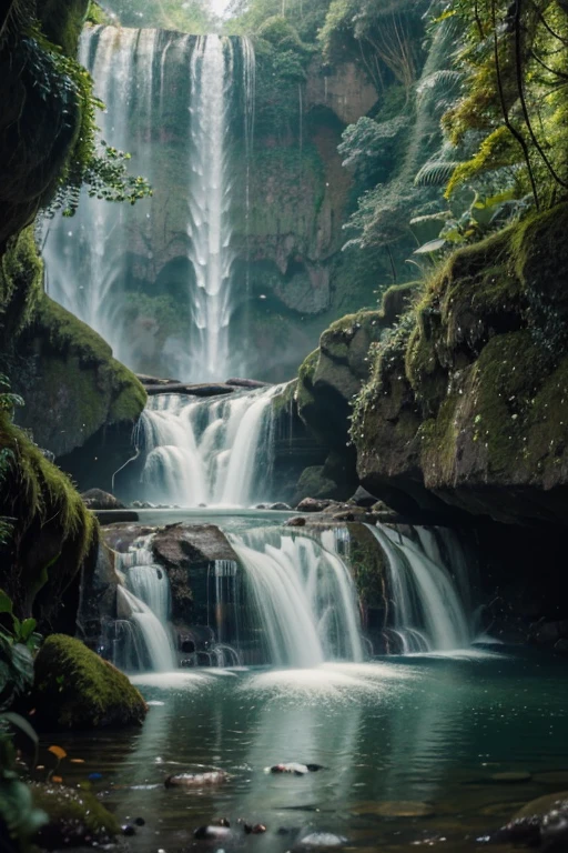 Waterfall conveys four adventurous fairy green natural fantasy landscape, golden ratio, animated detail, delicate, QuixelTendencia Megascans, Perfect picture, super high resolution, perfect composition, detailed, super color, (high detailed leather: 1.2), 8k ultra high definition, digital slr camera, soft lighting, high quality, film grain, Fujifilm XT3  