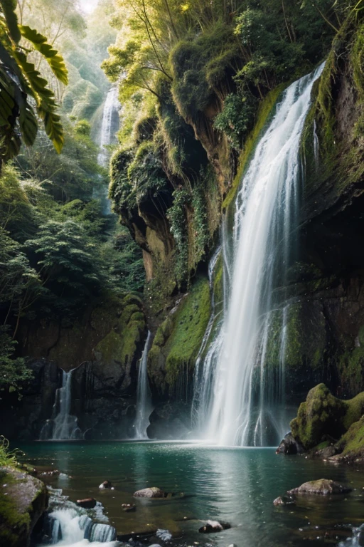 Waterfall conveys four adventurous fairy green natural fantasy landscape, golden ratio, animated detail, delicate, QuixelTendencia Megascans, Perfect picture, super high resolution, perfect composition, detailed, super color, (high detailed leather: 1.2), 8k ultra high definition, digital slr camera, soft lighting, high quality, film grain, Fujifilm XT3  