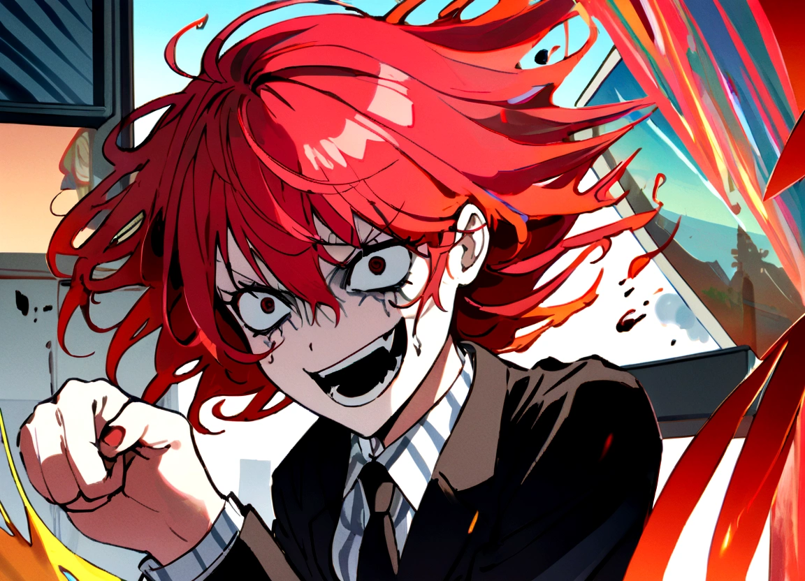 Red hair, black suit, punch, scary smile, office, daytime, breaking computer with hands, splinters