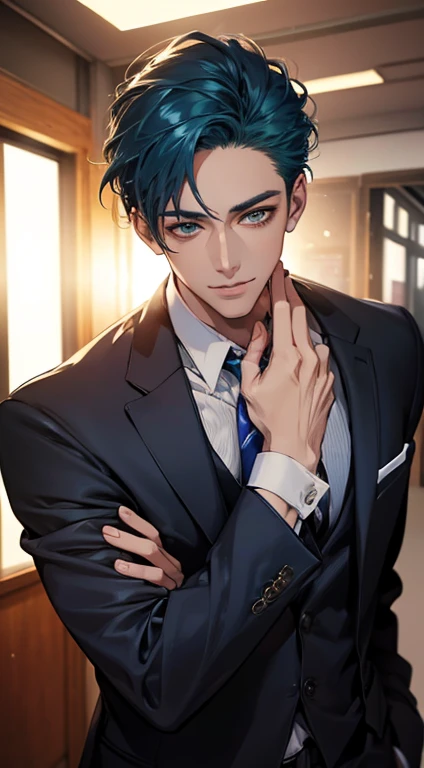 (Highest quality,4K,8K,High resolution,masterpiece:1.2),Super detailed,(Realistic,photoRealistic,photo-Realistic:1.37),1 person,34 years old,Mature Men,Beautiful skin、very handsome,Expressionless smile in love,Short blue hair,green eyes,Sharp Eyes,A perfect face without a doubt,Businessman, CEO, Office Background,Cinema Lighting,HDR image,tie、