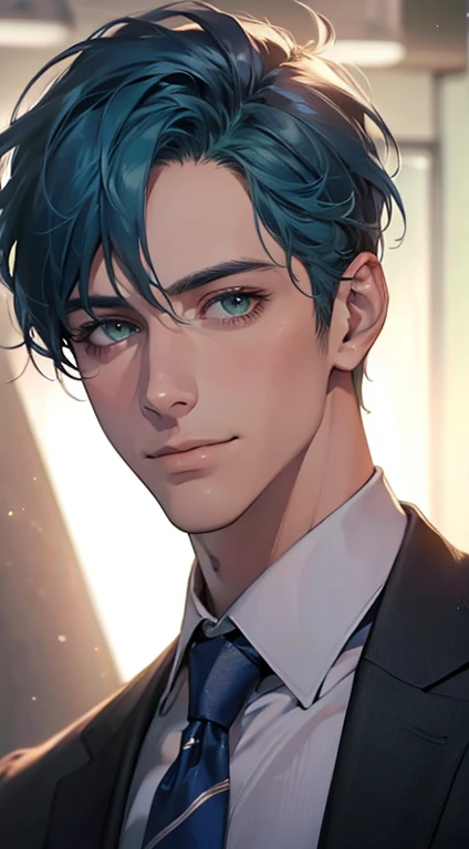 (Highest quality,4K,8K,High resolution,masterpiece:1.2),Super detailed,(Realistic,photoRealistic,photo-Realistic:1.37),1 person,34 years old,Mature Men,Beautiful skin、very handsome,Expressionless smile in love,Short blue hair,green eyes,Sharp Eyes,A perfect face without a doubt,Businessman, CEO, Office Background,Cinema Lighting,HDR image,tie、