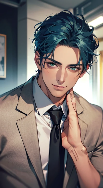 (Highest quality,4K,8K,High resolution,masterpiece:1.2),Super detailed,(Realistic,photoRealistic,photo-Realistic:1.37),1 person,34 years old,Mature Men,Beautiful skin、very handsome,Expressionless smile in love,Short blue hair,green eyes,Sharp Eyes,A perfect face without a doubt,Businessman, CEO, Office Background,Cinema Lighting,HDR image,tie、