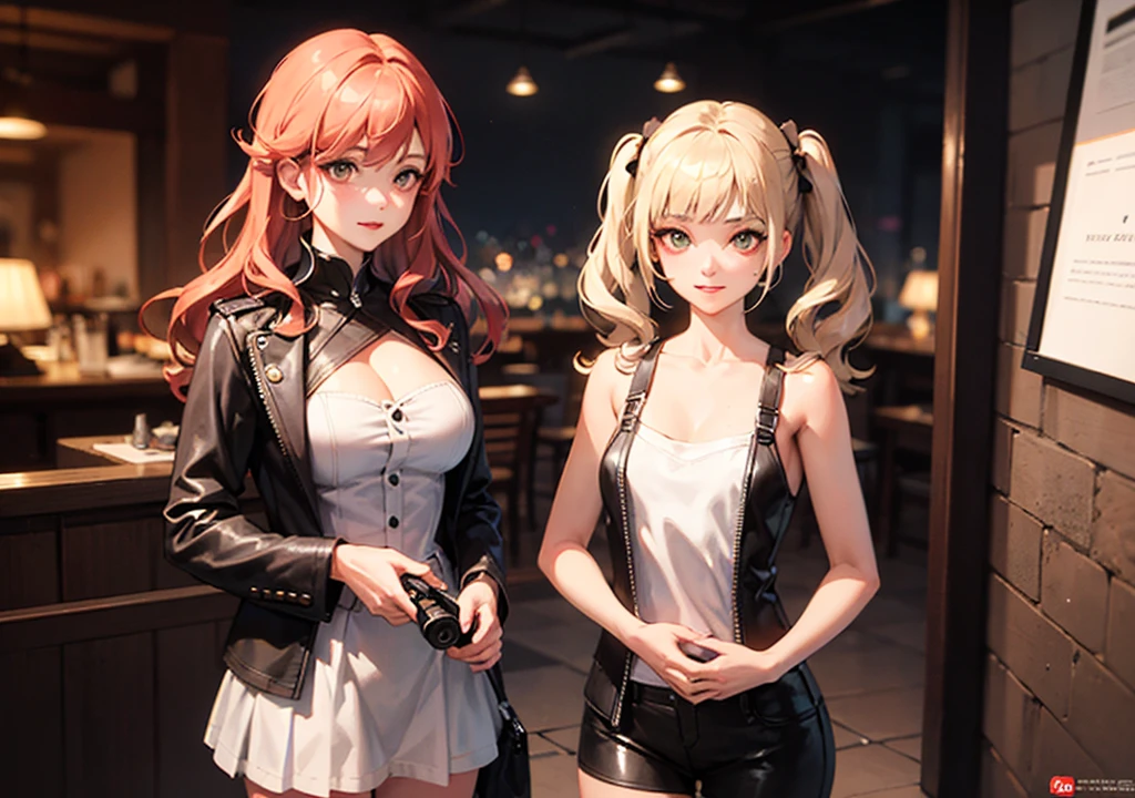 masterpiece, best quality, very detailed, high resolution, expensive resolution, high resolution, 4K, 8k, Unity 8k wallpaper, highly detailed CG, masterpiece, 2D, 3D, beautiful details, depth, fine texture, best quality: 1.3, perfectly focused, crispy skin, he,
Very cute anime girl, two girls who are employees of a night bar, sexy dress, big breasts, expensive pink medium long hair and brown short hair, two girls, night bar, mole under eye, looking at the viewer, expensive, blush, mole, lips parted,, heart, pink eyes, choker