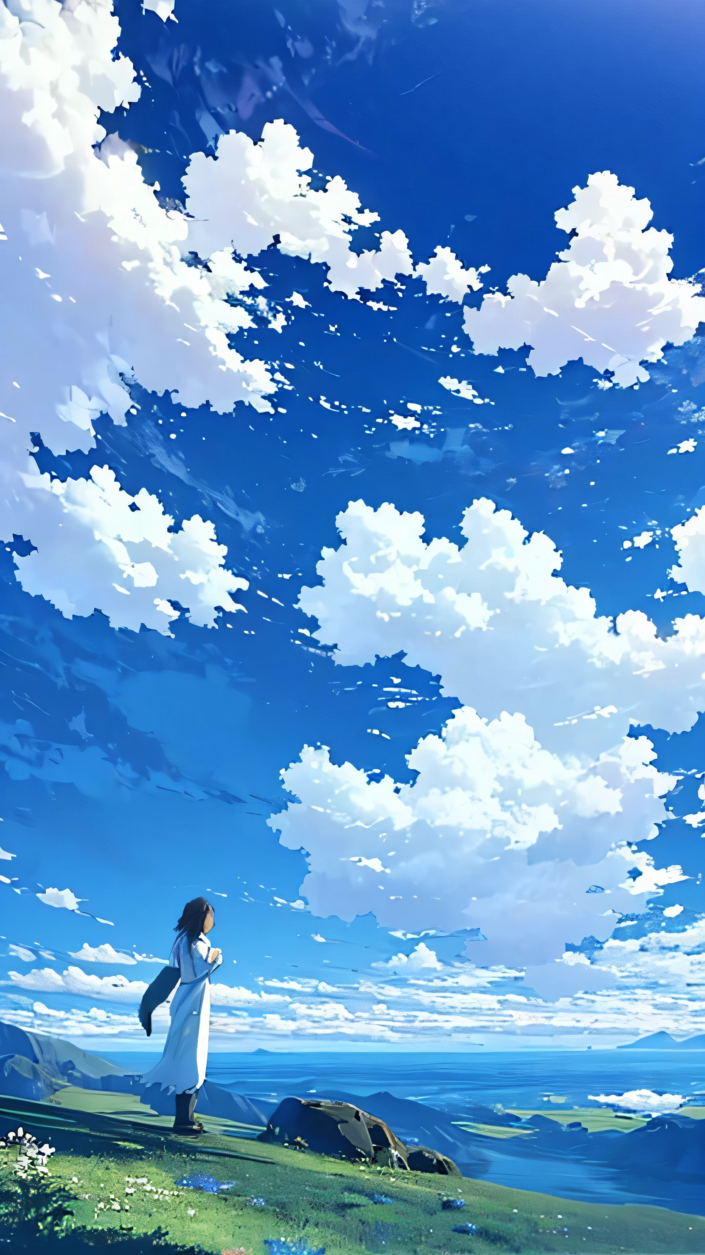 A single figure floats serenely in a vast, vivid blue sky filled with enormous, highly detailed cumulus clouds. The scene captures an ethereal moment, with the individual seemingly suspended in mid-air, surrounded by layers of fluffy white and blue clouds that create a sense of depth and movement. Sunlight filters through the clouds, casting gentle shadows and illuminating the various shades of blue and white, adding a dreamlike quality to the image. The overall atmosphere conveys a sense of tranquility, freedom, and wonder, as if the person is drifting through a boundless, heavenly expanse.