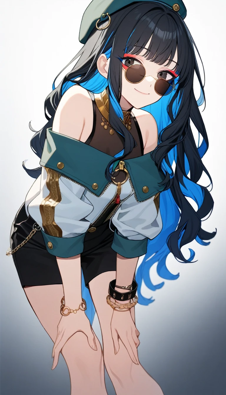 1girl, solo, long hair, black hair, colored inner hair, blue hair, wavy hair, eyeliner, makeup, jewelry, beret, o-ring, neck ring, black shorts, buttons, round sunglasses, bracelet, bare shoulders, green jacket, white jacket, off shoulder, zipper, from below, leaning forward, hand between thighs, smile, closed mouth, cropped face, lower body, masterpiece