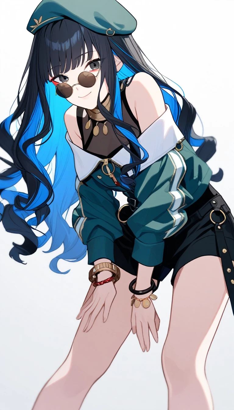 1girl, solo, long hair, black hair, colored inner hair, blue hair, wavy hair, eyeliner, makeup, jewelry, beret, o-ring, neck ring, black shorts, buttons, round sunglasses, bracelet, bare shoulders, green jacket, white jacket, off shoulder, zipper, from below, leaning forward, hand between thighs, smile, closed mouth, cropped face, lower body, masterpiece