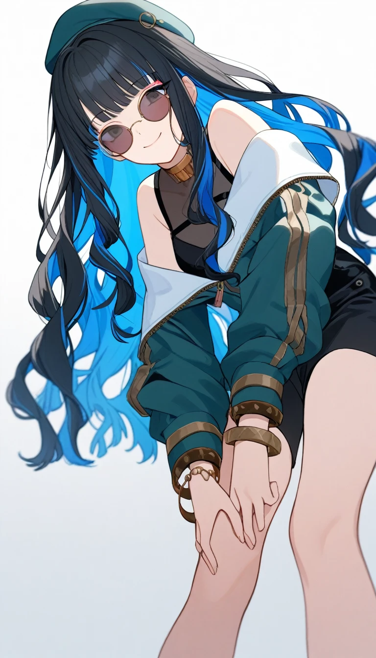 1girl, solo, long hair, black hair, colored inner hair, blue hair, wavy hair, eyeliner, makeup, jewelry, beret, o-ring, neck ring, black shorts, buttons, round sunglasses, bracelet, bare shoulders, green jacket, white jacket, off shoulder, zipper, from below, leaning forward, hand between thighs, smile, closed mouth, cropped face, lower body, masterpiece