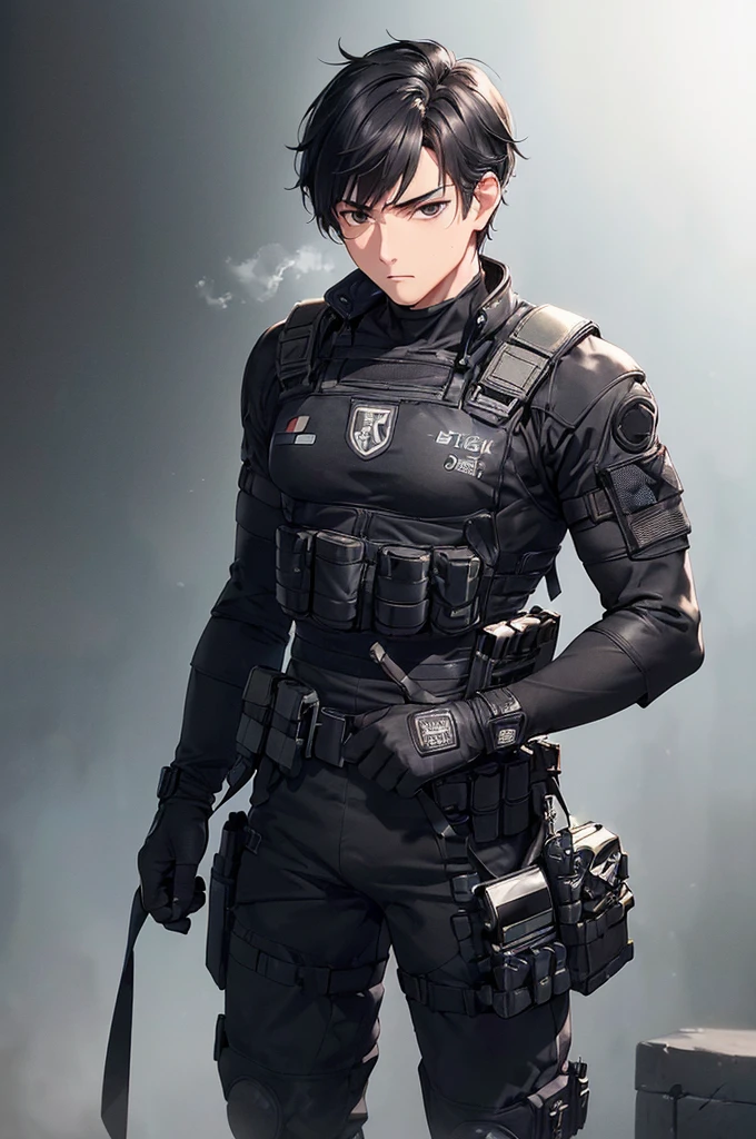 (masterpiece; best quality: 1.2), (finely detailed eyes: 1.3), ((25 year old man)), ((solo)), (black eyes: 1.4), (body; wiry, fit, masculine: 1.3), (short black hair: 1.3), (beautiful and clear background: 1.2), ((depth of field)), (equipment: spec ops full black tactical gear + black gloves + pouches: 1.3), (anime illustration: 1.2), (background composition; military base office: 1.1), (extremely fine and handsome: 1.1), (shot composition; standing + centered on torso + close-up: 1.5), (expression; calm, stoic: 1.2)
