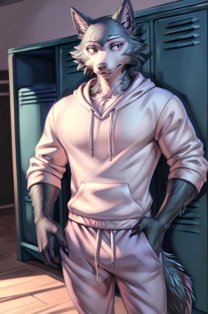 (by personalami, by hioshiru, by zackary911, by by null-ghost), male, wolf, solo, legoshi (beastars), locker room, standing, clothed,standing, muscular, claws, eye scar, bara,  himbo, white hoodie, Jogging pants, relaxed, gymbro, hairy,