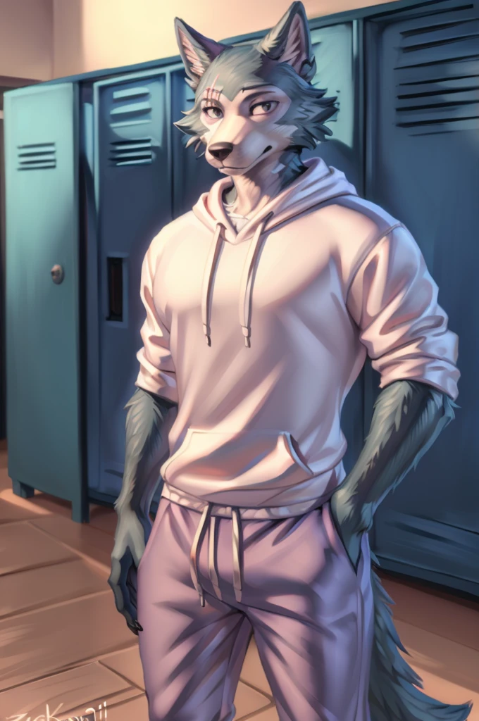 (by personalami, by hioshiru, by zackary911, by by null-ghost), male, wolf, solo, legoshi (beastars), locker room, standing, clothed,standing, muscular, claws, eye scar, bara,  himbo, white hoodie, Jogging pants, relaxed, gymbro, hairy,