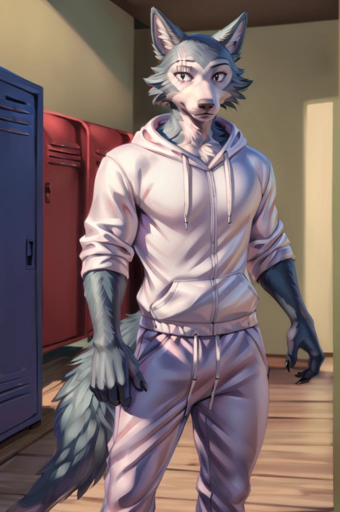 (by personalami, by hioshiru, by zackary911, by by null-ghost), male, wolf, solo, legoshi (beastars), locker room, standing, clothed,standing, muscular, claws, eye scar, bara,  himbo, white hoodie, Jogging pants, relaxed, gymbro, hairy,