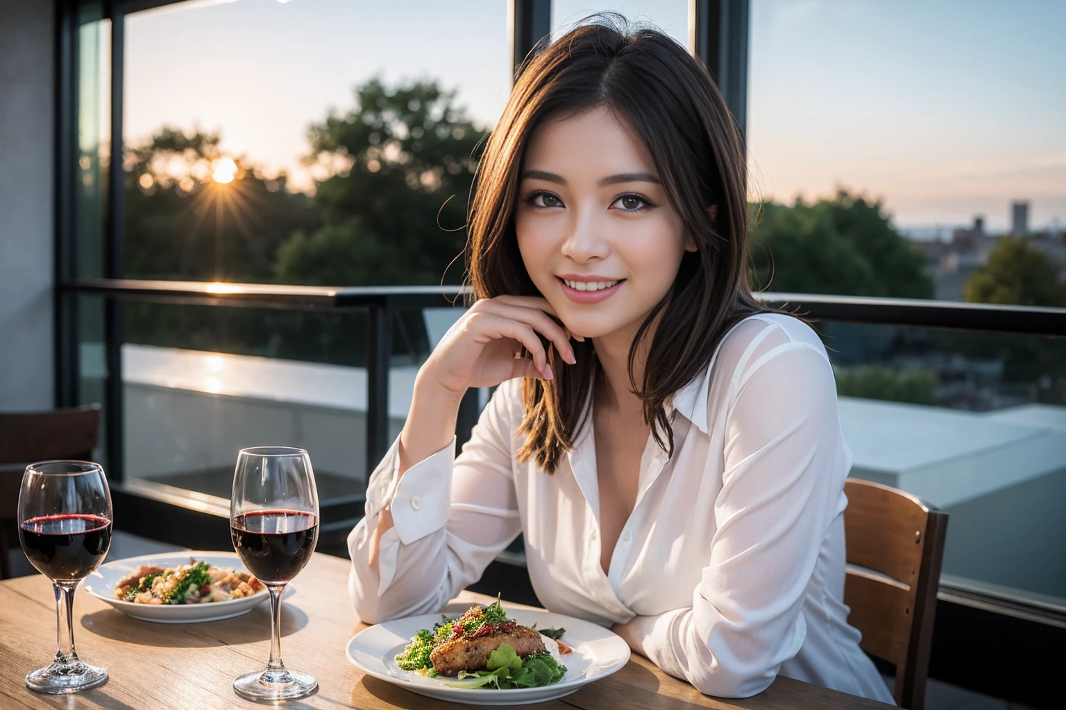 ((Highest quality、8K、masterpiece:1.3))、cute、slimカップル、modelカップル、(Realistic, Intricate details:1.2), full-course dinner、Wine Party、Amazing view of the sunset sky and clouds、A bright smile、The wonderfulness of smile、Bright image、The beauty of wine, Beautiful Face, blue eyes, The light shines on your face, Blushing, short hair,Bright Face、 (Age 37), 39 years old, red wine 、Appetizers、Italian food、Wine bottle、Champagne、sparkling wine、Two beauties、Brown Hair、Shortcuts、Long sleeve shirt、dress、Beautiful woman 1, (slimな顔), (The body is slim), (Brown Hair), (Shortcuts), cheeks turn a little red,Attractive beauty、restaurant, In a prominent place (From the waist up) Nova Frog Style, actress, model, Upper Body, White wine, slim, wine glass, 中央に置かれたwine glass, smile, (smile: 1.15), Beautiful fine grain, Depth f/2,saturation, High Contrast, Strong light and shadow,Moist Body:1.5、3D texture、Delicate eyes、Brown Hair、The hair is very shiny、