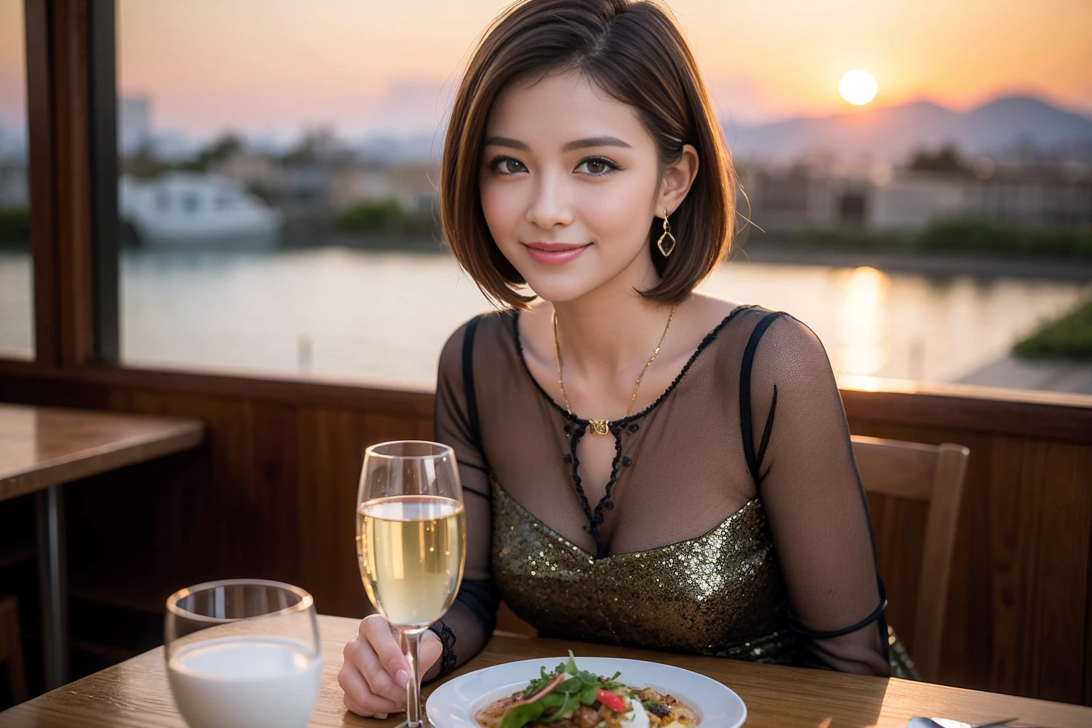 ((Highest quality、8K、masterpiece:1.3))、cute、slimカップル、modelカップル、(Realistic, Intricate details:1.2), full-course dinner、Wine Party、Amazing view of the sunset sky and clouds、A bright smile、The wonderfulness of smile、Bright image、The beauty of wine, Beautiful Face, blue eyes, The light shines on your face, Blushing, short hair,Bright Face、 (Age 37), 39 years old, red wine 、Appetizers、Italian food、Wine bottle、Champagne、sparkling wine、Two beauties、Brown Hair、Shortcuts、Long sleeve shirt、dress、Beautiful woman 1, (slimな顔), (The body is slim), (Brown Hair), (Shortcuts), cheeks turn a little red,Attractive beauty、restaurant, In a prominent place (From the waist up) Nova Frog Style, actress, model, Upper Body, White wine, slim, wine glass, 中央に置かれたwine glass, smile, (smile: 1.15), Beautiful fine grain, Depth f/2,saturation, High Contrast, Strong light and shadow,Moist Body:1.5、3D texture、Delicate eyes、Brown Hair、The hair is very shiny、
