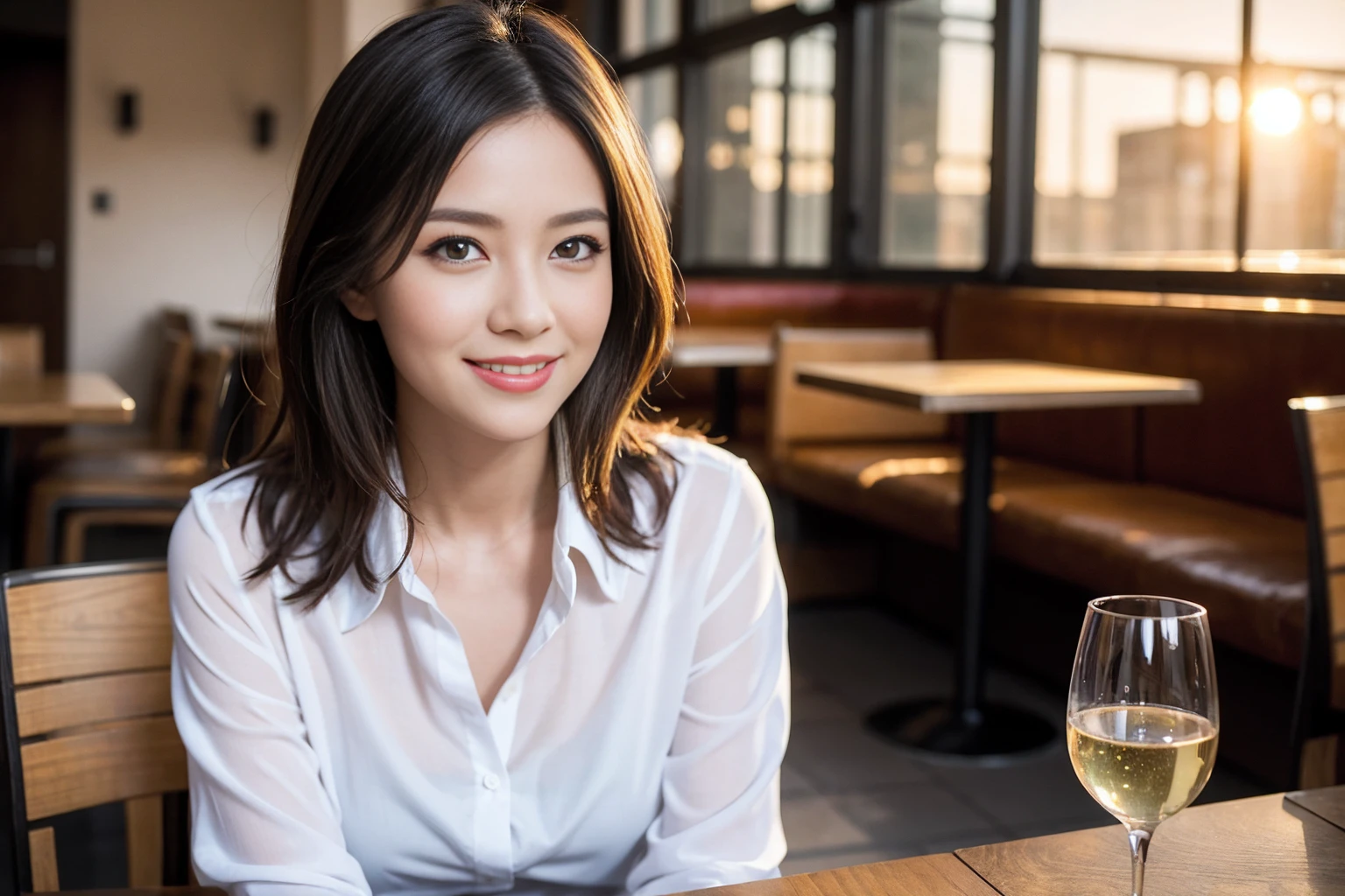 ((Highest quality、8K、masterpiece:1.3))、1 male、1 woman who resembles Satomi Ishihara、Couple、spouse、Couple、The body is slim、((Bob Hale、Straight hair:1.2)), (Realistic, Intricate details:1.2), テーブルの上のwine glass、Put the light on your face、 Amazing view of the sunset sky and clouds、Amazing mountain views、A bright smile、The wonderfulness of smile、Bright image、The beauty of wine, Beautiful Face, blue eyes, The light shines on your face, Blushing, short hair,Bright Face、42 years old), 39 years old, red wine 、Appetizers、Italian food、Wine bottle、Champagne、sparkling wine、Two beauties、Brown Hair、Shortcuts、Long sleeve shirt、dress、Beautiful woman 1, (slimな顔), (The body is slim), (Brown Hair), (Shortcuts), cheeks turn a little red,Attractive beauty、restaurant, In a prominent place (From the waist up) Nova Frog Style, actress, model, Upper Body, White wine, slim, wine glass, 中央に置かれたwine glass, smile, (smile: 1.15), Beautiful fine grain, Depth f/2,saturation, High Contrast, Strong light and shadow,Moist Body:1.5、3D texture、Delicate eyes、Brown Hair、The hair is very shiny、