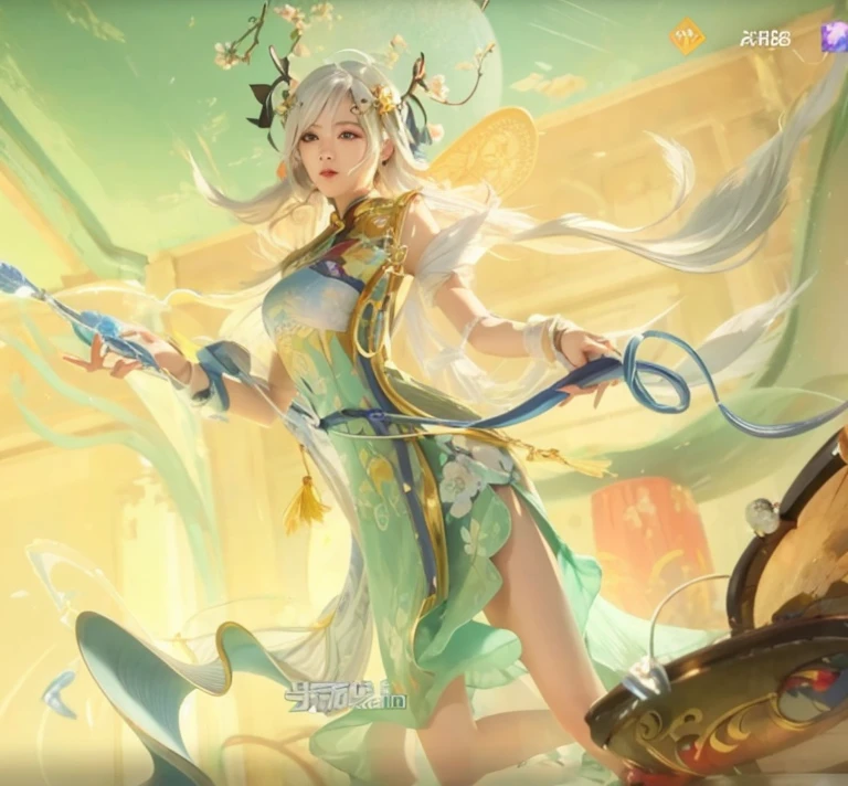 8K, 1.4 times more realism,Ultra HD, High Detail, Super eye details,cheongsam,White hair,Long legs