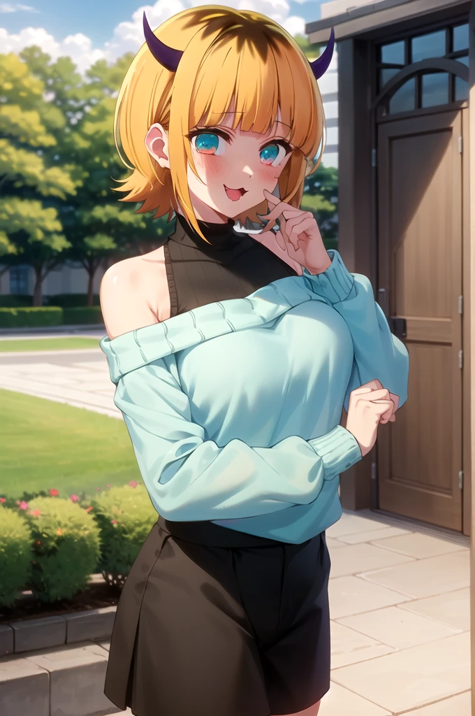 Best and highest quality, masterpiece, detailed,
memcho,
Open your mouth, A slight blush, :3, smile,
short hair, Blonde, Multicolored Hair, Aqua Eye, Blunt bangs, horn,
(Blue sweater:1.2), Black Shirt, Bare shoulders, Black Skirt, I tucked in my sweater.,
Are standing, Looking at the audience,
(Day:1.2), garden, Outdoor,

nsfw,(nipples peek:1.1)
