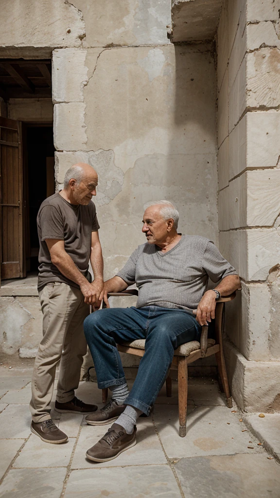 An old man 50 Years old sitting on old chair with another young man sitting on floor like begging, ancient Greek building as background,