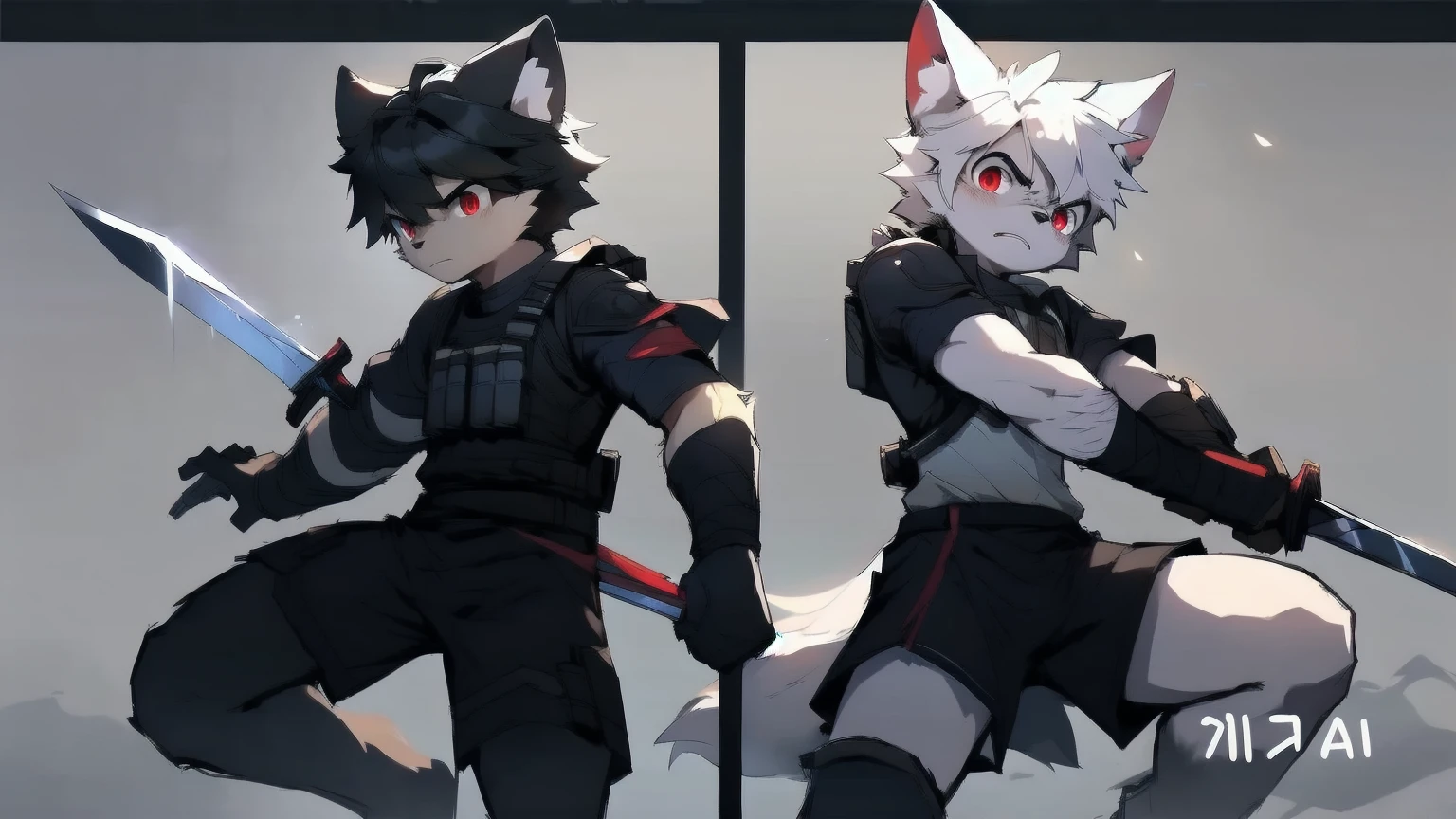 White Wolf,black hair,Red eyes,Wolf ears,Wolf Tail,juvenile,male,hairy,Hair,Half body armor,Combat uniform,Silver and black clothing,Handsome,Handsome,shorts,The forearm is exposed,leg,Fighting Stance,Duel,Two people,Anxious,Armed with a sword,Simple background,Swords