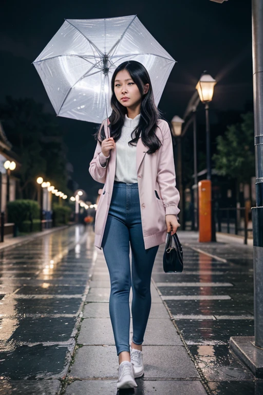 On the rainy playground, the girl hit the umbrella over her head, and in the other hand he held an umbrella, blue denim leggings, magnificent masterpiece night moon full moon 1 woman mature woman, Chinese sister real sister cold face showing silver white long hair woman light pink lips calm intellectual three stripe gray primary school student killer lantern lantern flower ball background strolling street scene, long hair shawl,