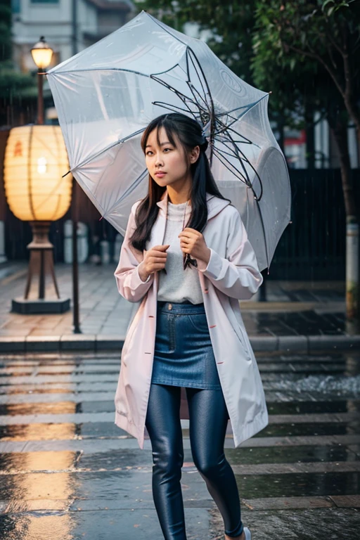On the rainy playground, the girl hit the umbrella over her head, and in the other hand he held an umbrella, blue denim leggings, magnificent masterpiece night moon full moon 1 woman mature woman, Chinese sister real sister cold face showing silver white long hair woman light pink lips calm intellectual three stripe gray primary school student killer lantern lantern flower ball background strolling street scene, long hair shawl,