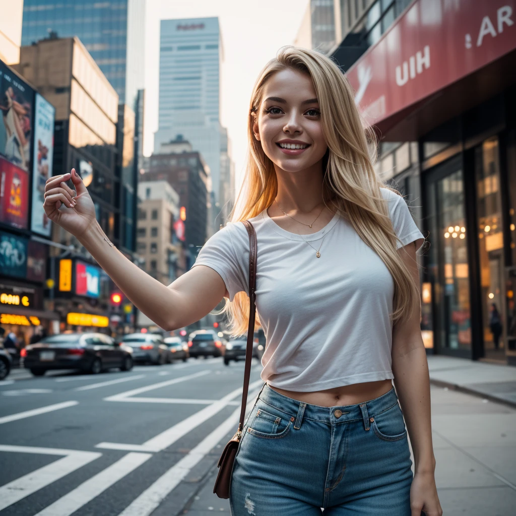 Solo woman, American, beautiful, wearing casual clothes, walking through the streets of New York City. Upper body selfie, happy, with the bustling cityscape in the background. Masterpiece, best quality, ultra-detailed, solo, outdoors, urban environment with skyscrapers, people, and traffic. Cinematic light, sidelight, ultra-high resolution, best shadows, raw, upper half body, relaxed and cheerful. Long blond hair, clear skin texture, film grain, warm hue, warm tone, close-up, realistic, casual setting.