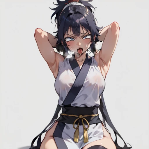 1girl, (ahegao), (masterpiece:1.3), (high resolution), (8K), (extremely detailed), (4k), (pixiv), perfect face, nice eyes and face, (best quality), (super detailed), detailed face and eyes, (solo), textured skin, absurdres, highres, wzkomachine, white eyes, Small breasts, sash, bike shorts, short sleeves, bangs, black gloves, fingerless gloves, long hair, black hair,ponytail, japanese clothes, kimono, sitting on floor, looking at viewer,Nipple exposure,Sexy, flirtatious, Solitary, eternity, - Hip vents, No underwear,No eyeballs, Also available in black, low twin braids,Facing the audience, looking at the audience, tired, from below, (Exposed armpit:1.1), ((armpit:1.2)), sexy, Sweating, More and more sweat,(ahegao), (Roll your eyes), Naughty face, blush, open mouth, Sticking out tongue, saliva, Slobber,Skinny, raise arms, (arms above head:1.5)