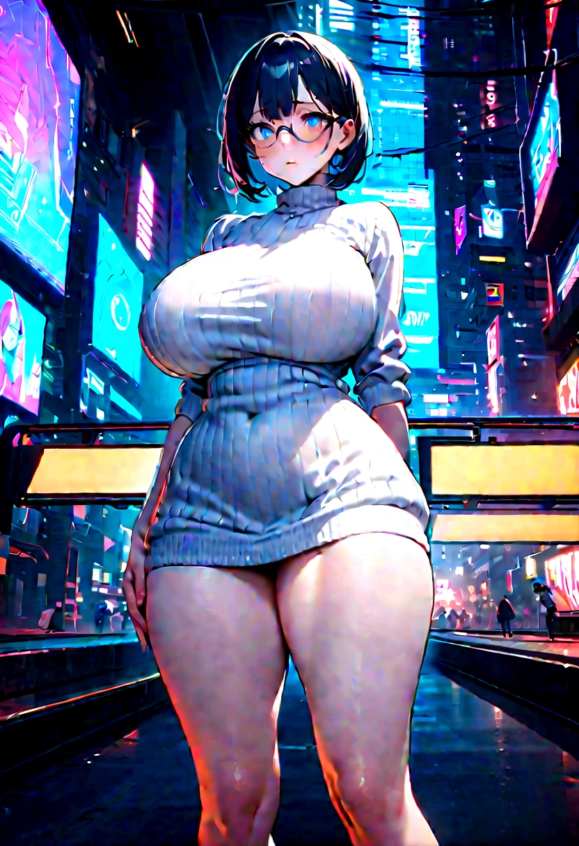 Woman with blue skin, simple low-cut turtleneck dress, blue sports pants, White sweater, dark metallic blue hair, huge breasts, beautiful legs, large eyes, cyberpunk background, Blue tennis,short legs, sad, short straight hair, large round black glasses. standing. shy, Second plan, 1.55 tall