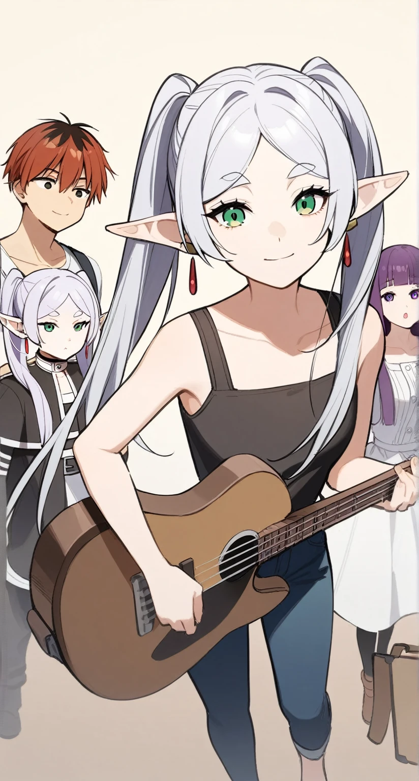 masterpiece,best quality,1boy, 2girls, fern \(sousou no frieren\), frieren, stark \(sousou no frieren\), feet out of frame, holding bass and guitar, looking at viewer, smile, closed mouth, open mouth, black jacket, tanktop,frayed denim,sunglasses,earrings,highres, invisible chair, sousou no frieren, suitcase