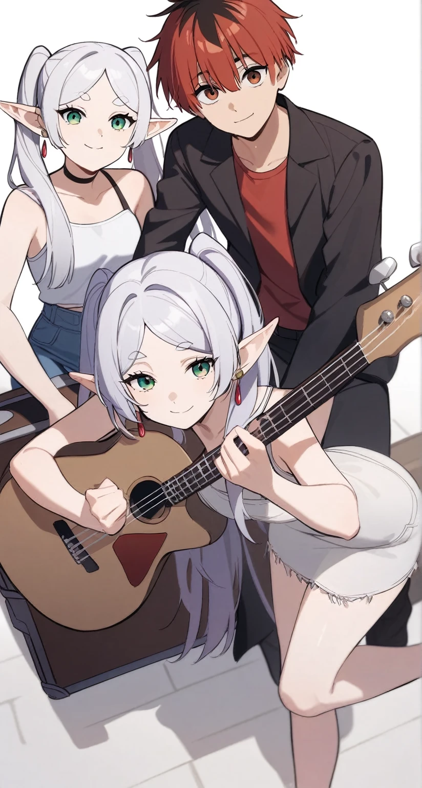 masterpiece,best quality,1boy, 2girls, fern \(sousou no frieren\), frieren, stark \(sousou no frieren\), feet out of frame, holding bass and guitar, looking at viewer, smile, closed mouth, open mouth, black jacket, tanktop,frayed denim,sunglasses,earrings,highres, invisible chair, sousou no frieren, suitcase