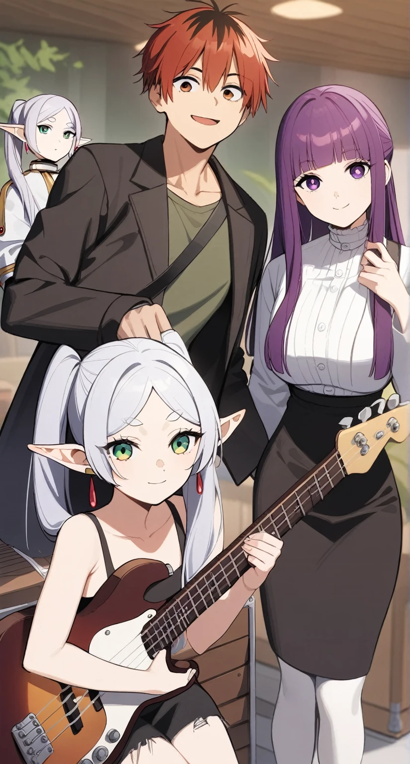 masterpiece,best quality,1boy, 2girls, fern \(sousou no frieren\), frieren, stark \(sousou no frieren\), feet out of frame, holding bass and guitar, looking at viewer, smile, closed mouth, open mouth, black jacket, tanktop,frayed denim,sunglasses,earrings,highres, invisible chair, sousou no frieren, suitcase