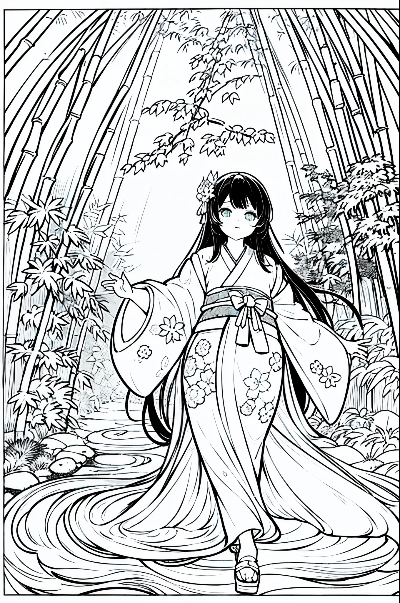 As a coloring book, the color should be black and white, the border should be simple, clear, and bold. A beautiful Asian girl with long, flowing black hair adorned with a delicate [flower hair ornament] is strolling through the picturesque [Arashiyama Bamboo Forest] in Kyoto, Japan. She is wearing a stunning [kimono with cherry blossom pattern], the vibrant colors contrasting with the serene green of the bamboo grove. The girl's expression exudes a sense of peace and tranquility as she immerses herself in the beauty of the natural surroundings.