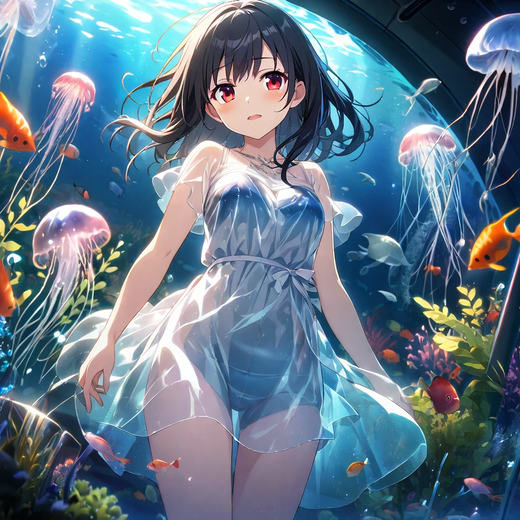 1girl、Black Hair、Red eyes、Skeleton Body、Translucent Dress、Blue jellyfish、aquarium、deep faint light 、 detailed CG、high resolution