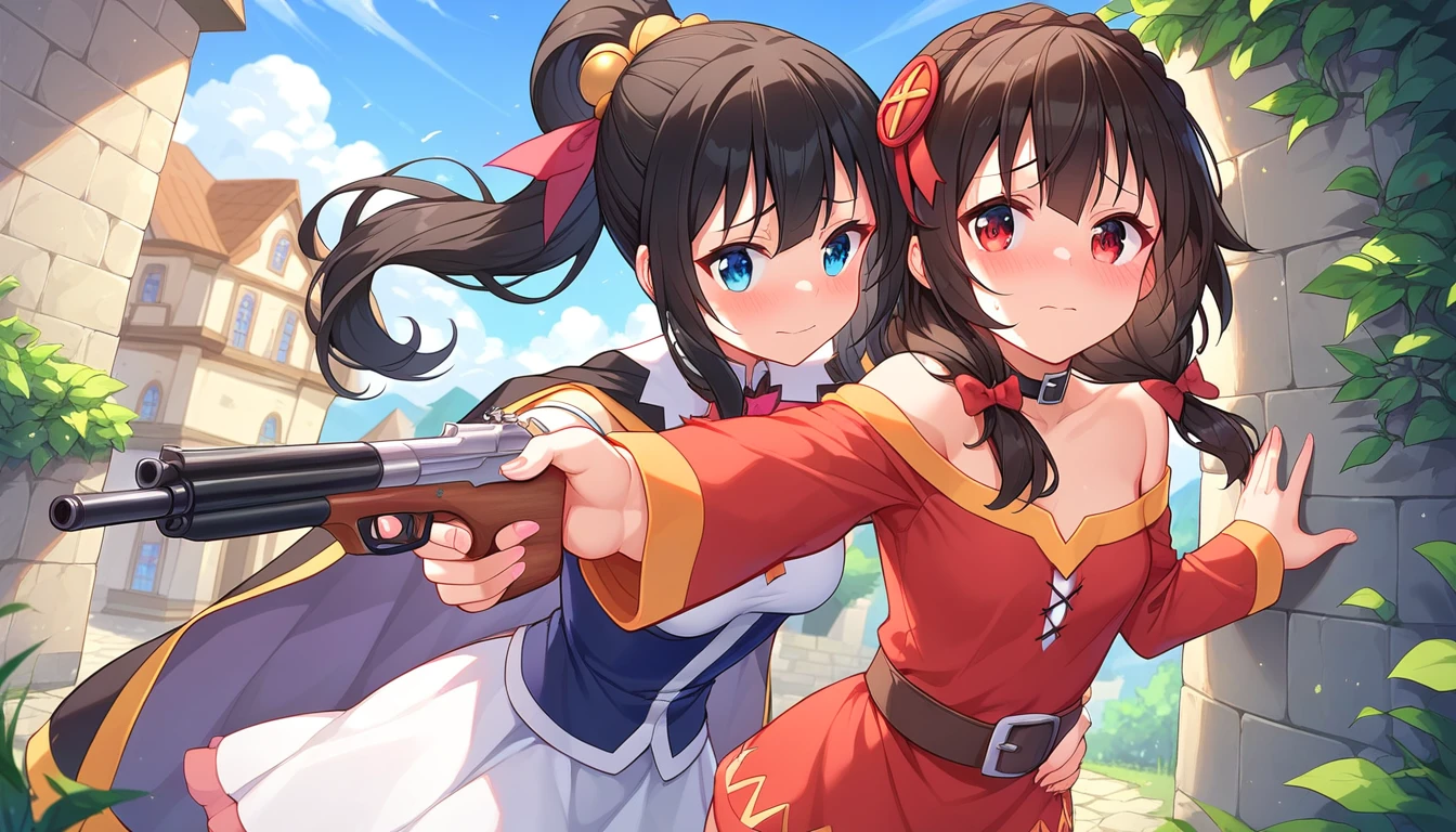 ((2girls:1.3)), ((moe style:1.3)), ((standing:1.3)), ((shotgun:1.3)), ((aiming gun:1.3)), ((black hair:1.3)), megumin (konosuba), yunyun (konosuba), ((shy:1.3)), blush, ((perfect face)), ((extremely cute:1.3)), ((masterpiece:1.3)), ((8k)), ((best quality:1.3)), ((beautiful)), ((extremely detailed:1.3)) , ((absurdres)), AddXL, ((score_9:1.3)), ((score_8_up:1.3)), ((score_7_up:1.3)), Expressiveh