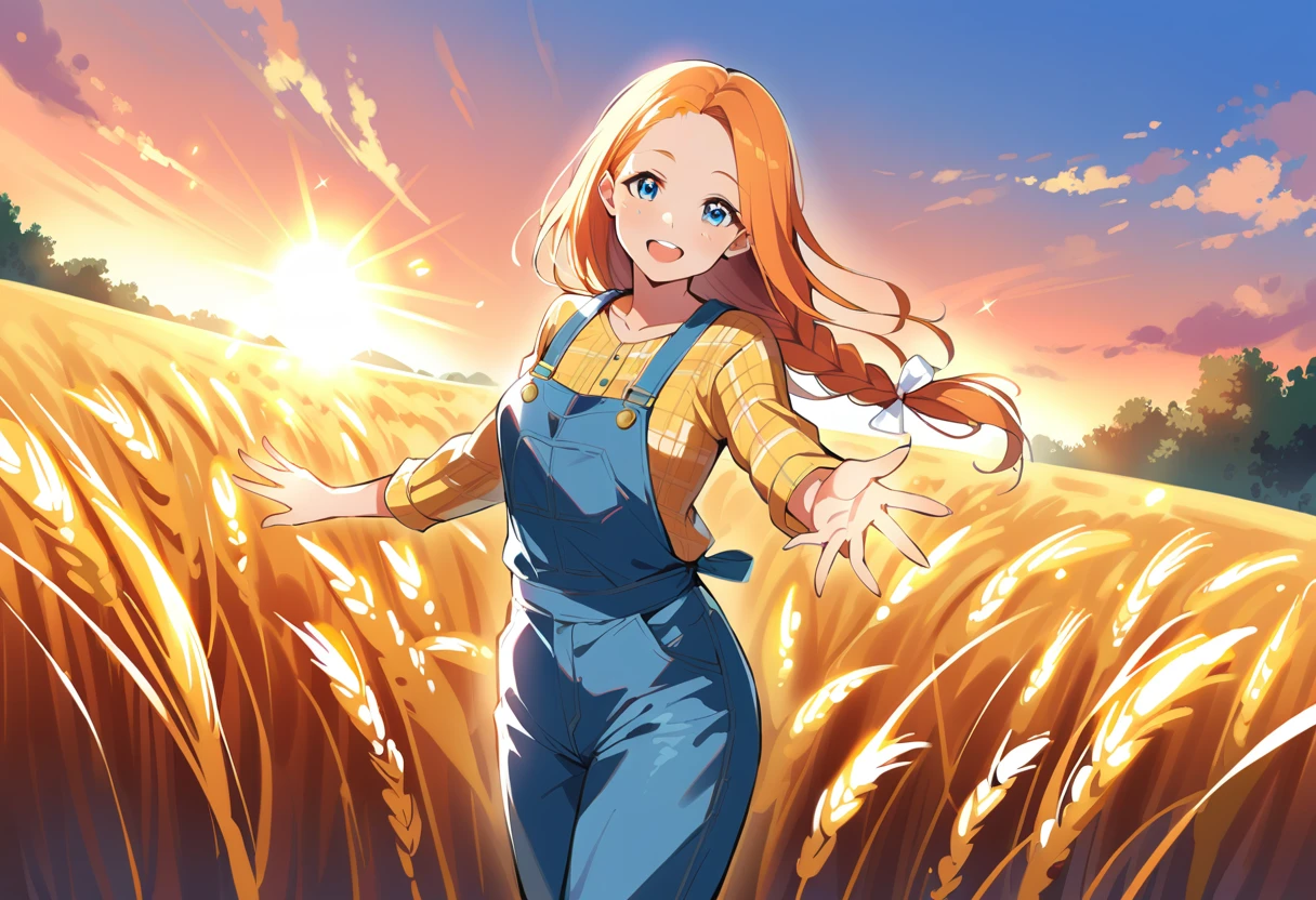 @ANN, pewarnaan character, visual illustration, aged up, 1girl, solo, (overalls), outdoors, sky, wheat, field, (blue overalls), smile, blue eyes, wheat field, looking at viewer, breasts, long sleeves, yellow shirt, orange hair, cowboy shot, collarbone, collared shirt, cleavage, denim, upper teeth only, blonde hair, very long hair, medium breasts, forehead, standing, braided ponytail, single braid, teeth, oversized clothes, medium hair, short hair, partially unbuttoned, pants, oversized shirt, buttons, head tilt, flat chest, hair ribbon, white bow, tomboy, round teeth, plaid shirt, denim overalls, mature female, tall, tall female, slim body, freckles, twilight, cloudy sky, scenery, reaching, grass, floating hair, sunset, cloud, scenery, sparkle, sunbeam, light rays, diffraction spikes, highres, 4k, 8k, ann \(harvest moon\), ran \(bokujou monogatari\)