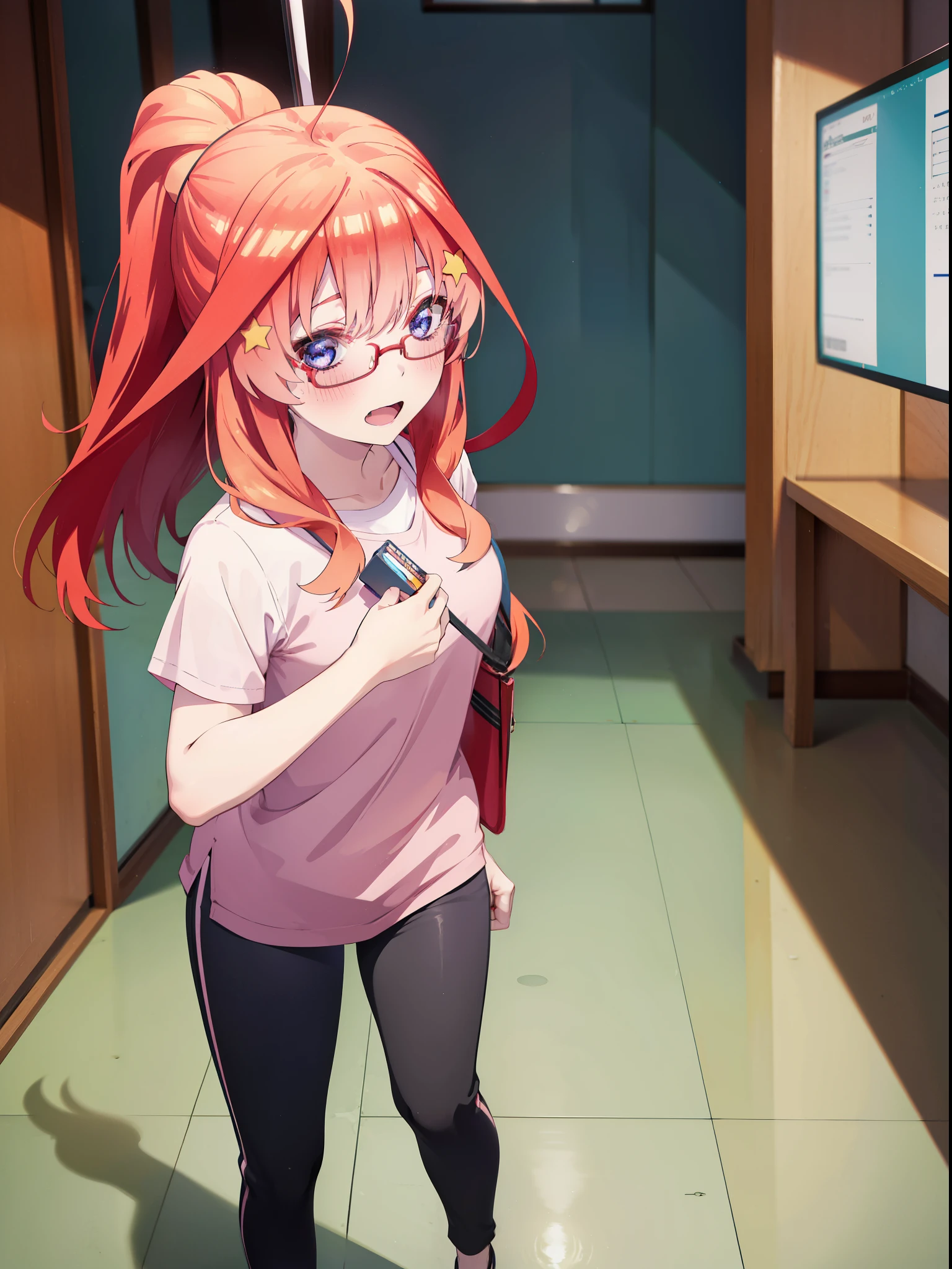 itsukinakano, itsuki nakano, bangs, blue eyes, Hair between the eyes, Ahoge, Redhead, star \(symbol\), hair ornaments, star hair ornaments,smile,blush,Open your mouth,ponytail,Red-rimmed glasses,Cold Shoulder Shirt,Short sleeve,skinny pants,Stiletto heels,Walking,whole bodyがイラストに入るように,
break indoors, School,廊下
break looking at viewer, whole body,
break (masterpiece:1.2), Highest quality, High resolution, unity 8k wallpaper, (figure:0.8), (Beautiful attention to detail:1.6), Highly detailed face, Perfect lighting, Highly detailed CG, (Perfect hands, Perfect Anatomy),
