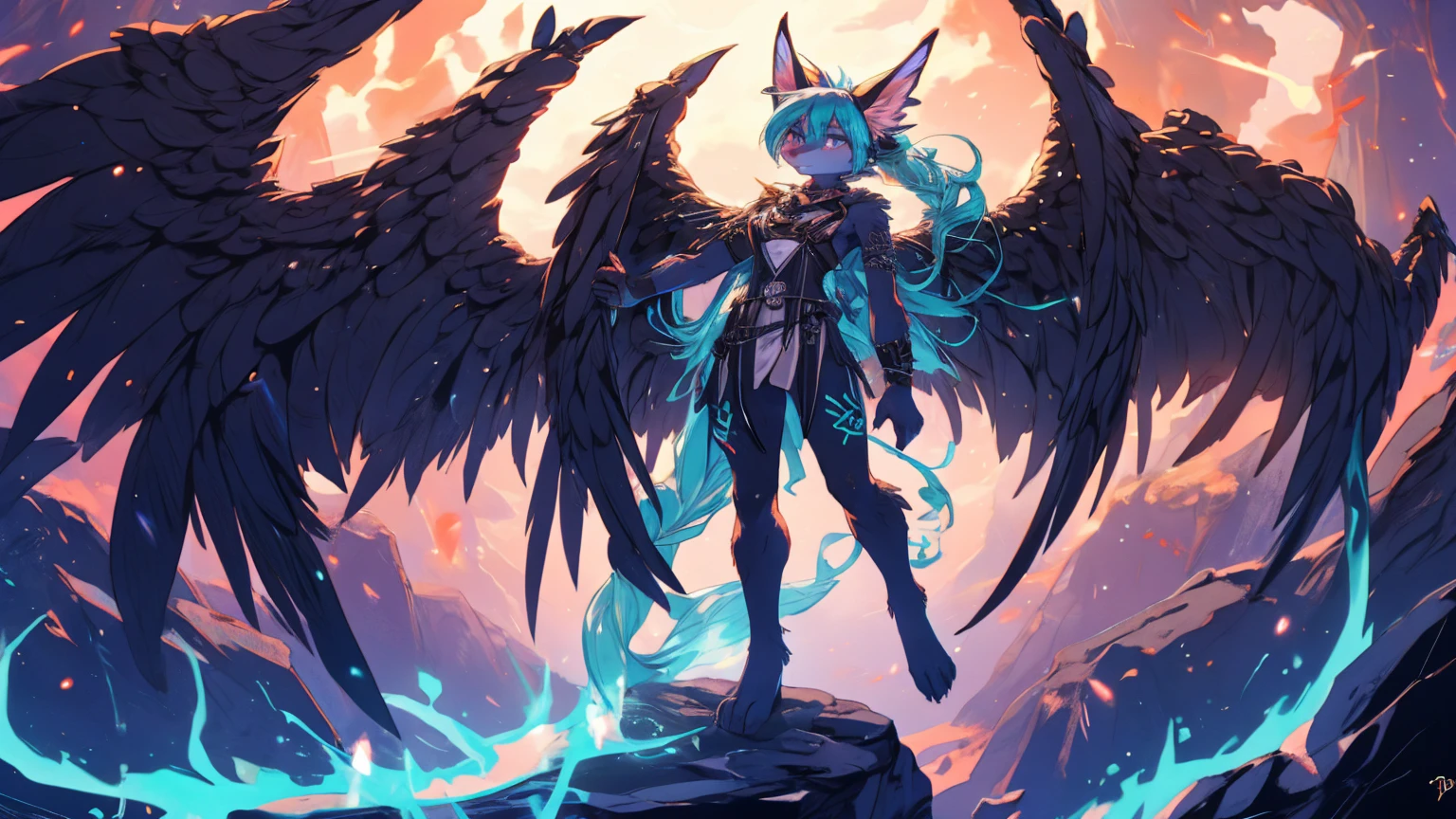 Miku Hatsune, add high definition_detail:1, blue fur,kitsune ears, tribal tattoo add_detail:1, in hell add_detail, barefoot, the same, giant black feather wings_detail:1 ,alas hermosas la mejor calidad y detail en las flumas, blue saturation light