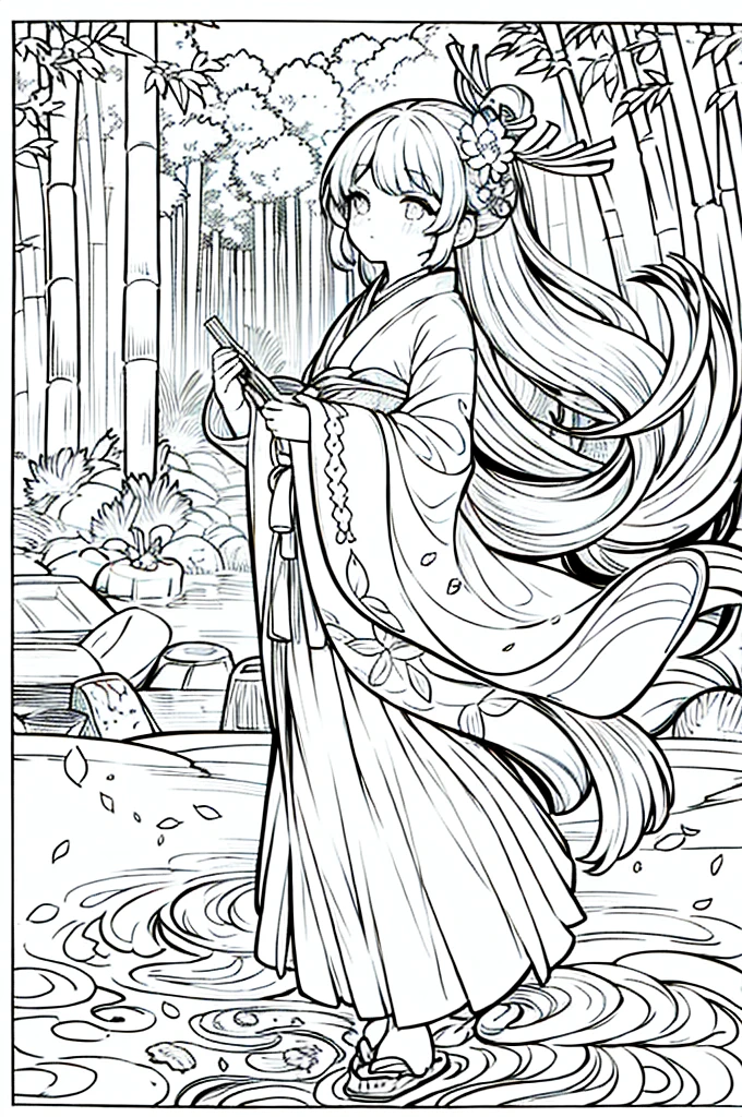 As a coloring book, the color should be black and white, the border should be simple, clear, and bold. A beautiful Asian girl with long, flowing black hair adorned with a delicate [flower hair ornament] is strolling through the picturesque [Arashiyama Bamboo Forest] in Kyoto, Japan. She is wearing a stunning [kimono with cherry blossom pattern], the vibrant colors contrasting with the serene green of the bamboo grove. The girl's expression exudes a sense of peace and tranquility as she immerses herself in the beauty of the natural surroundings.