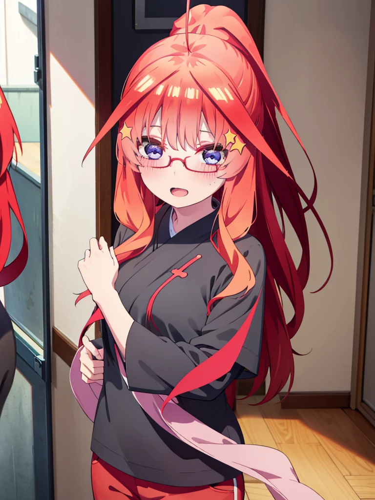 itsukinakano, itsuki nakano, bangs, blue eyes, Hair between the eyes, Ahoge, Redhead, star \(symbol\), hair ornaments, star hair ornaments,smile,blush,Open your mouth,ponytail,Red-rimmed glasses,Cold Shoulder Shirt,Short sleeve,skinny pants,Stiletto heels,Walking,whole bodyがイラストに入るように,
break indoors, School,廊下
break looking at viewer, whole body,
break (masterpiece:1.2), Highest quality, High resolution, unity 8k wallpaper, (figure:0.8), (Beautiful attention to detail:1.6), Highly detailed face, Perfect lighting, Highly detailed CG, (Perfect hands, Perfect Anatomy),