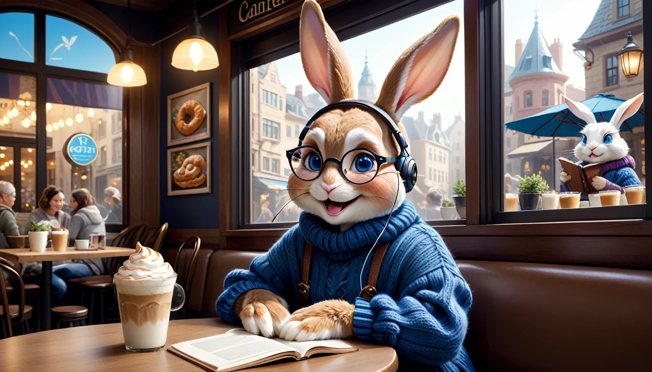 A magical and detailed fantasy scene featuring an anthropomorphic rabbit with sapphire blue eyes, dressed in a cozy, oversized sweater and jeans, sitting up straight at a window seat in a city café. The rabbit, appearing to be in its early twenties, has a four-heads-tall proportion, a face with large, almond-shaped eyes, and a soft, smiling expression. The rabbit is wearing a pair of round glasses and is listening to music through headphones while reading a book. On the table in front of the rabbit are a latte and a croissant, with other customers relaxing around. The cozy atmosphere inside contrasts with the rain pouring down outside. The scene is filled with delicate details and a soft, painterly quality, combining enchanting fairy tale elements with the depth and realism of epic fantasy landscapes, glossy, real, raw cinematic photorealism, action portrait, 8k, detailed, full frame.