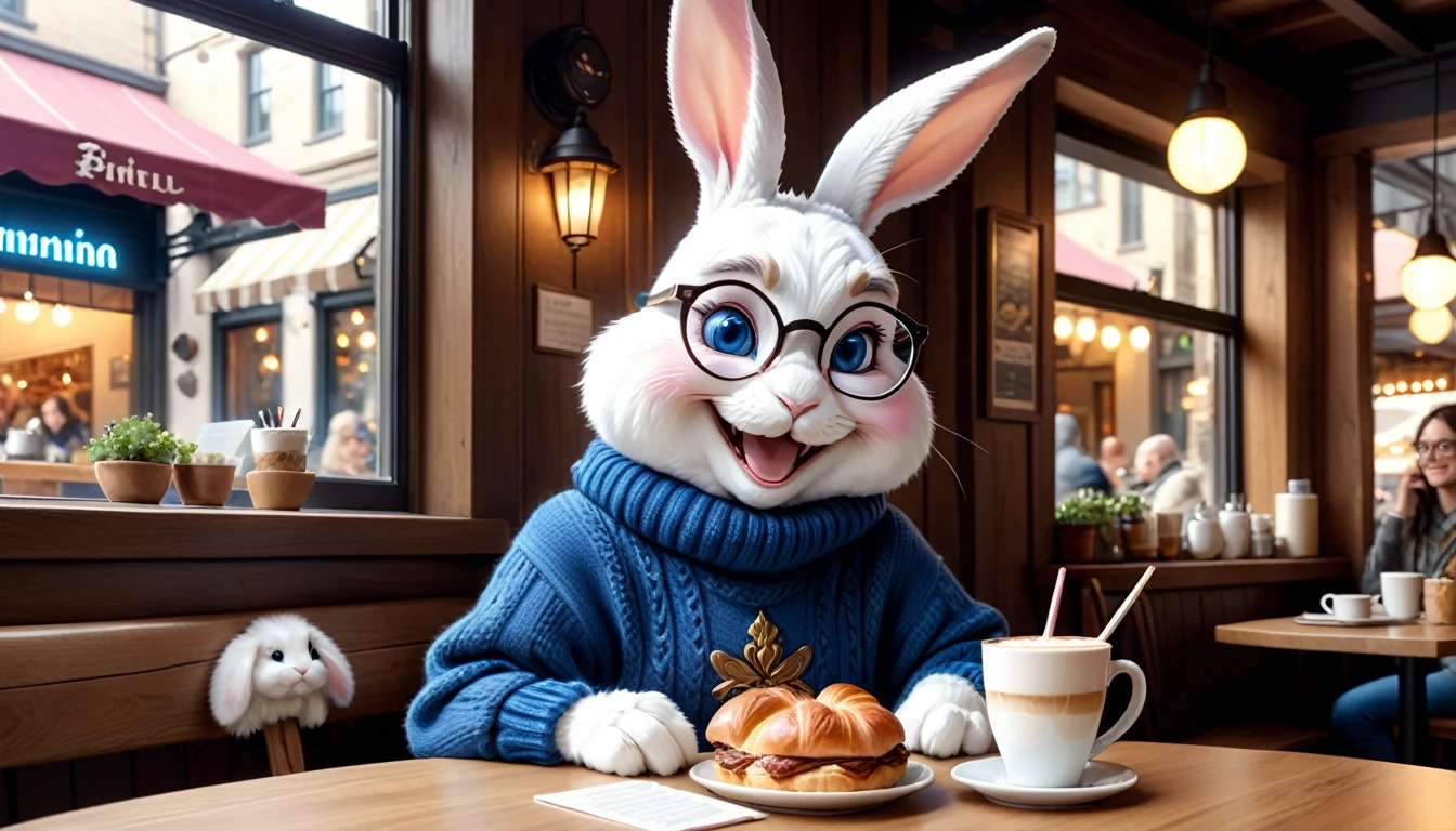 A magical and detailed fantasy scene featuring an anthropomorphic rabbit with sapphire blue eyes, dressed in a cozy, oversized sweater and jeans, sitting up straight at a window seat in a city café. The rabbit, appearing to be in its early twenties, has a four-heads-tall proportion, a face with large, almond-shaped eyes, and a soft, smiling expression. The rabbit is wearing a pair of round glasses and is listening to music through headphones while reading a book. On the table in front of the rabbit are a latte and a croissant, with other customers relaxing around. The cozy atmosphere inside contrasts with the rain pouring down outside. The scene is filled with delicate details and a soft, painterly quality, combining enchanting fairy tale elements with the depth and realism of epic fantasy landscapes, glossy, real, raw cinematic photorealism, action portrait, 8k, detailed, full frame.