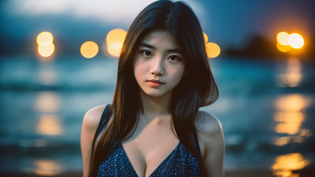 A 20-year-old woman with a very cute idol-like face and a young-looking face.、((leica 50 mm prime lens, cinestill 800T film))、((cinematic lighting))、(Cleavage)、(((Beautiful starry sky on the beach at night)))、((Very dim lighting))、((Don't expose your face to the light))、((Long-distance shot))、(live-actionと見分けがつかない高品質)、RAW Photos、Genuine、live-action、(Artistic Expression)、High resolution、masterpiece