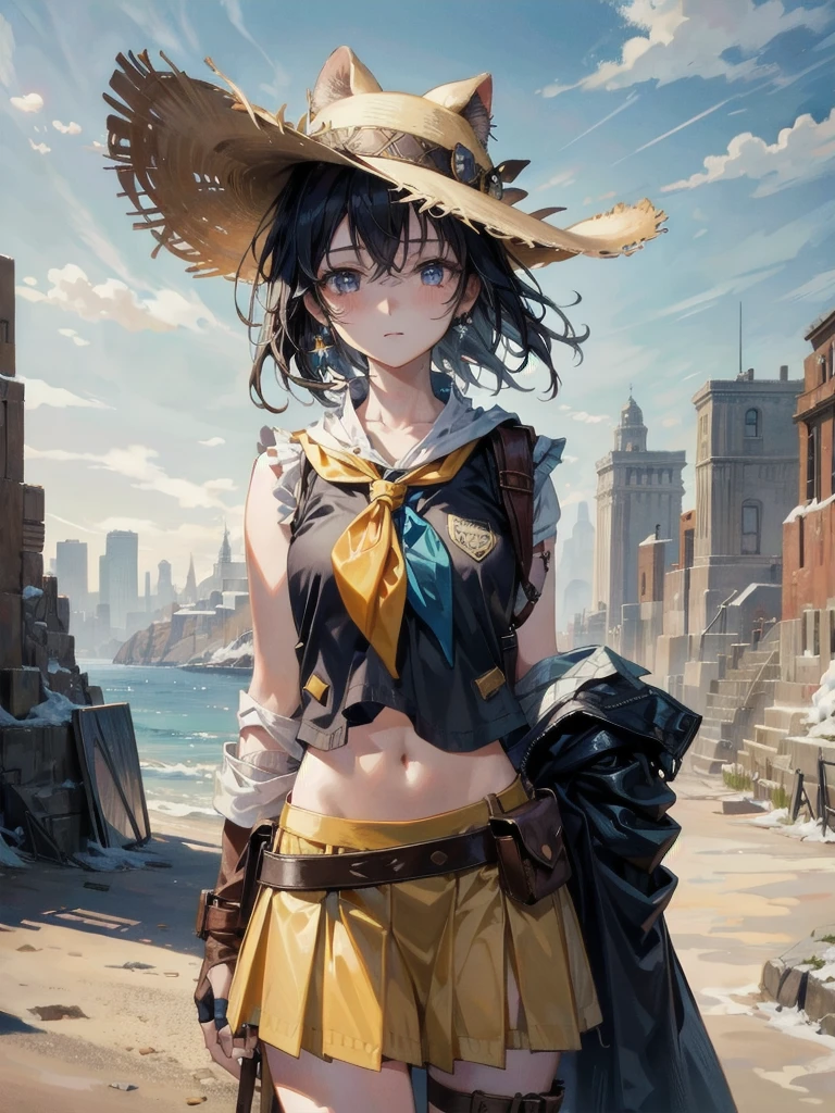cowgirl costume, vest, cowboy hat, fingerless gloves, midriff, neckerchief, short skirt, holster, absurdres, RAW photo, extremely delicate and beautiful, masterpiece, Best Quality, ultra high resolution, 32k, hyperrealistic, ultra-detailed, perfect figure, tearful mole, earring, whole body shot, short medium hair, wavy hair,