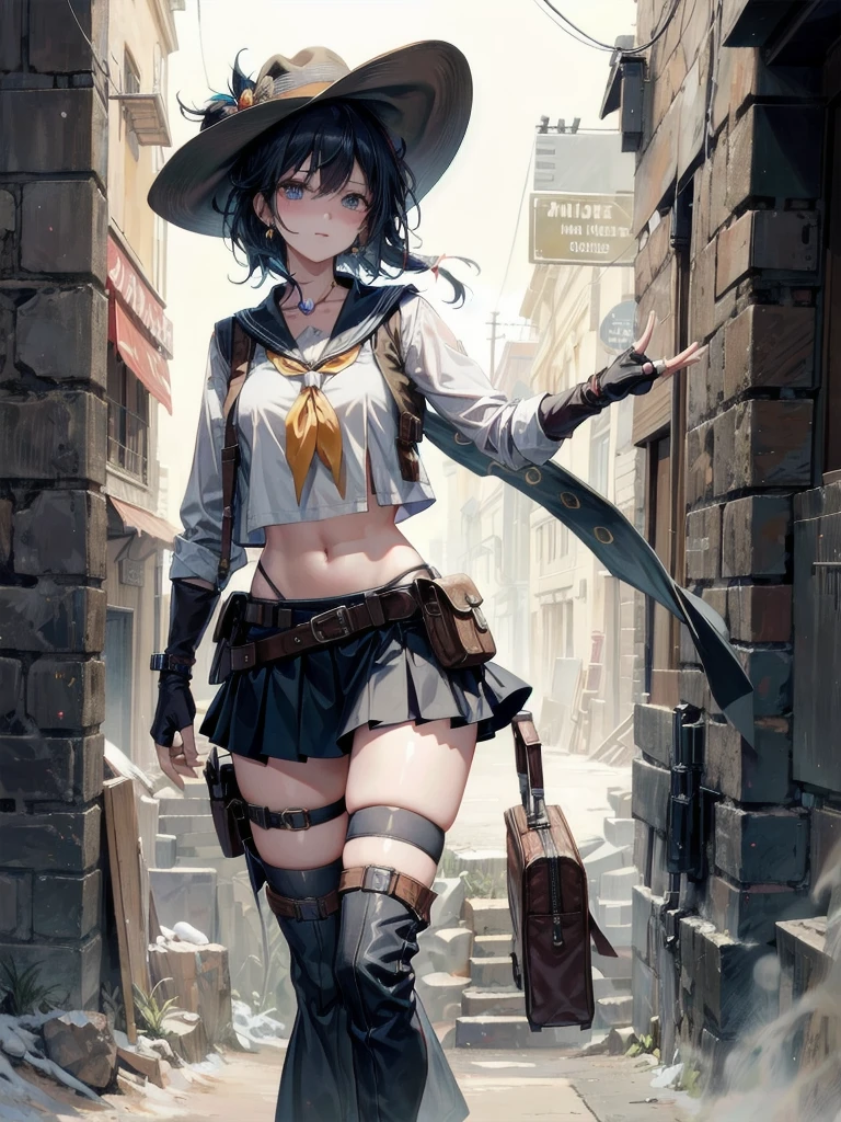 cowgirl costume, vest, cowboy hat, fingerless gloves, midriff, neckerchief, short skirt, holster, absurdres, RAW photo, extremely delicate and beautiful, masterpiece, Best Quality, ultra high resolution, 32k, hyperrealistic, ultra-detailed, perfect figure, tearful mole, earring, whole body shot, short medium hair, wavy hair,